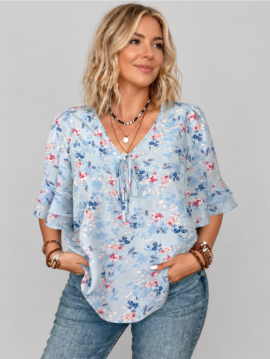 Šifona blūze ar ziedu apdruku, lielie izmēri i-veikalā jandase.lv