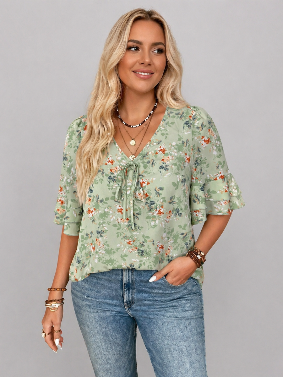 Blūze ar ziedu apdruku, lielie izmēri i-veikalā jandase.lv