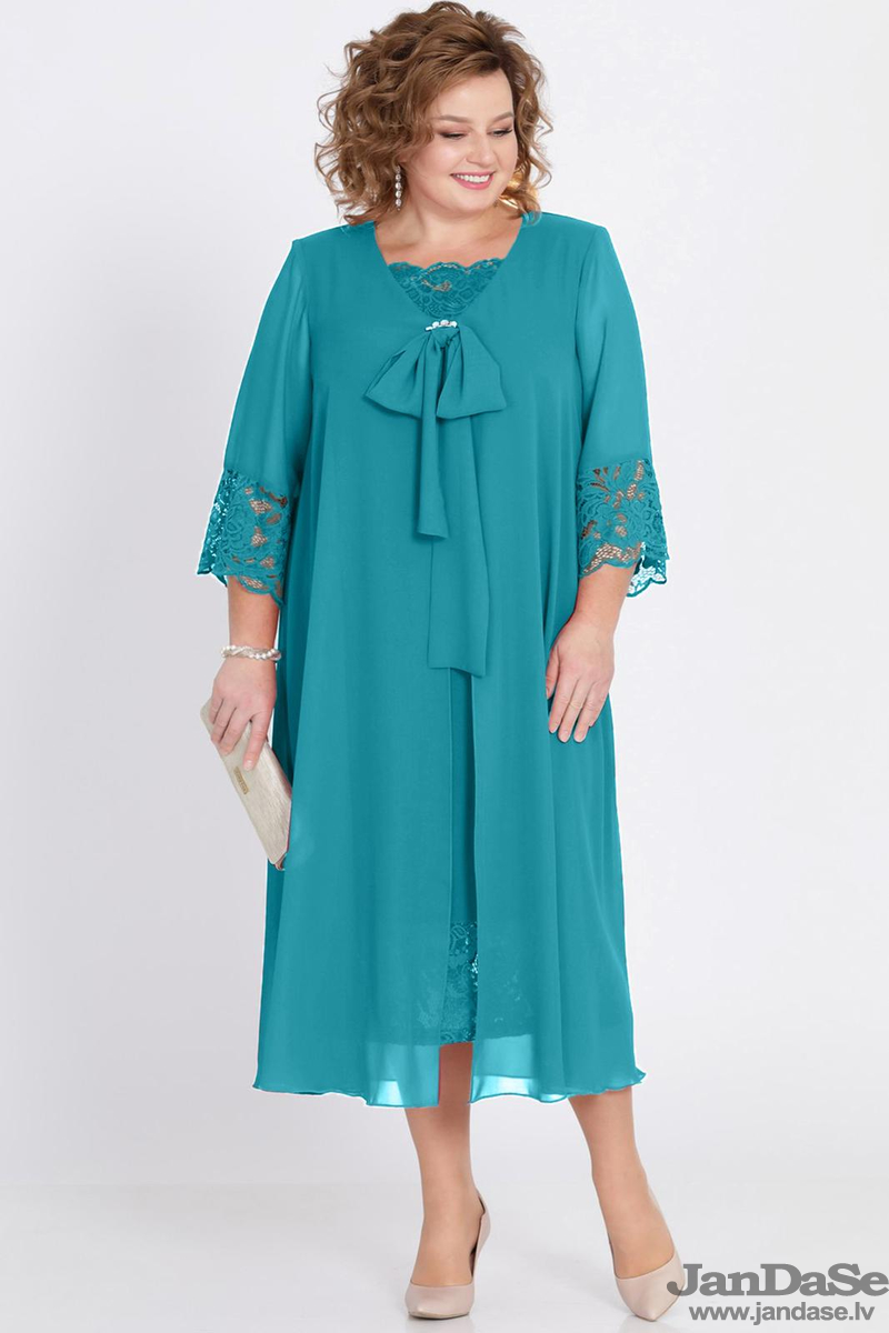 Tirkīzkrāsas Kleita ar apmetni, lielie izmēri i-veikalā jandase.lv