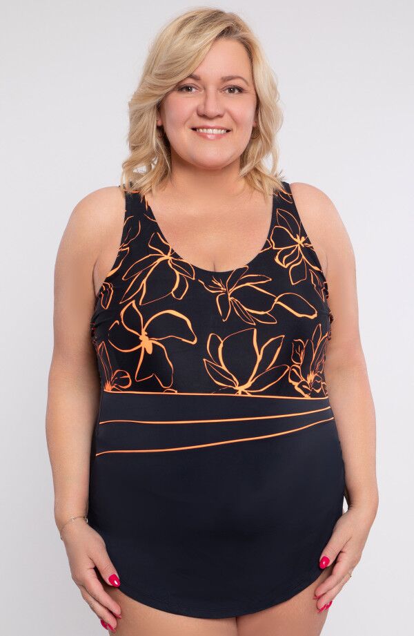 Melns viengabala peldkostīms ar ziedu rakstu, lielie izmēri i-veikalā jandase.lv