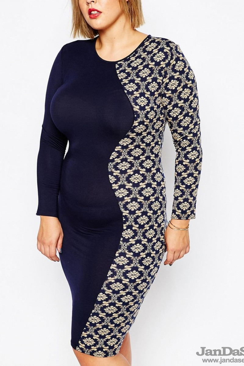 Zila kleita ar apdruku sānos, lielie izmēri i-veikalā jandase.lv