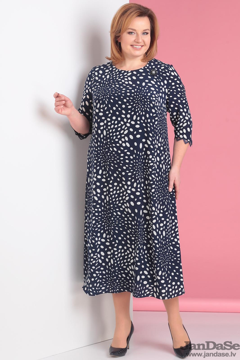 Tumši zila kleita ar apļiem, lielie izmēri i-veikalā jandase.lv