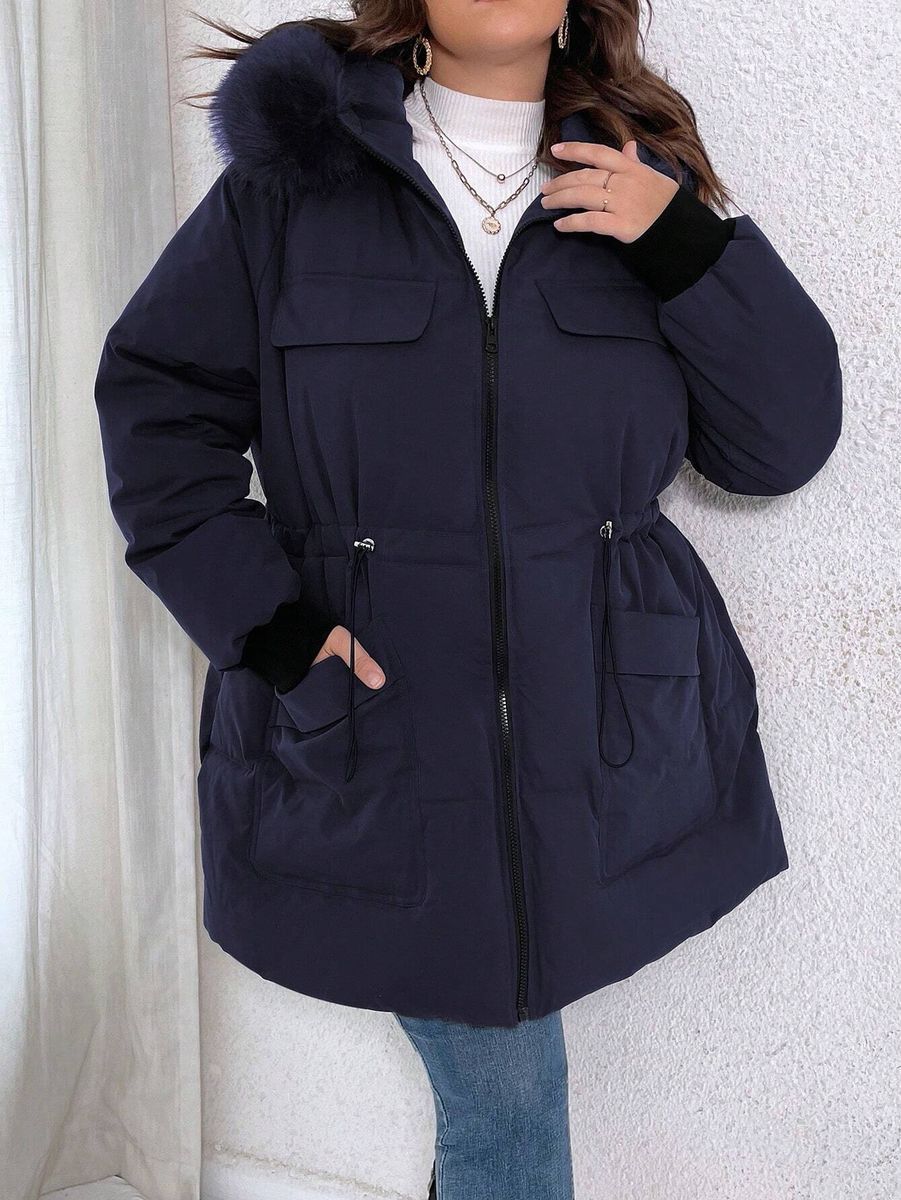 Tumši zila sieviešu virsjaka ar kapuci, lielie izmēri i-veikalā jandase.lv