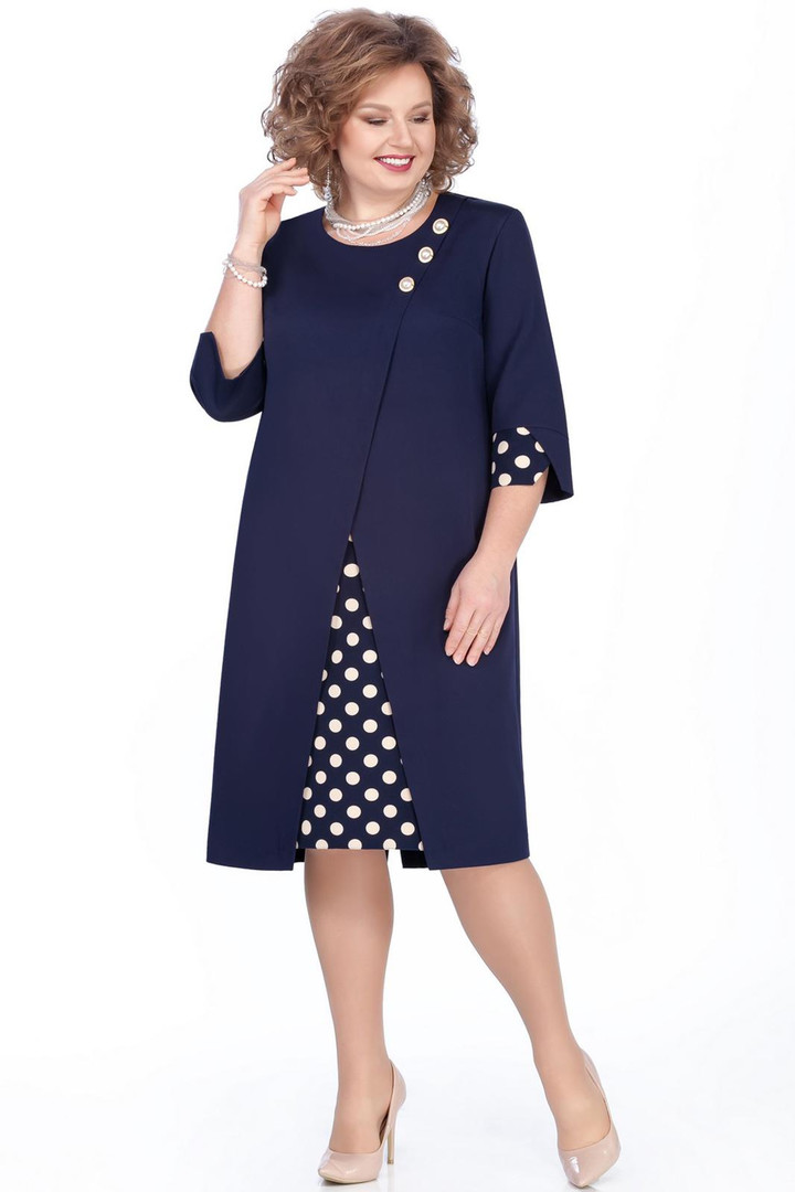 Tumši zila kleita ar punktainu ielaidumu, lielie izmēri i-veikalā jandase.lv