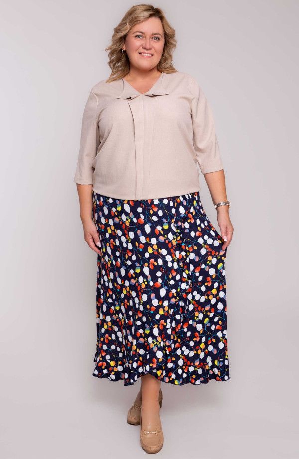 Tumši zili svārki ar krāsainām lapiņām, lielie izmēri i-veikalā jandase.lv