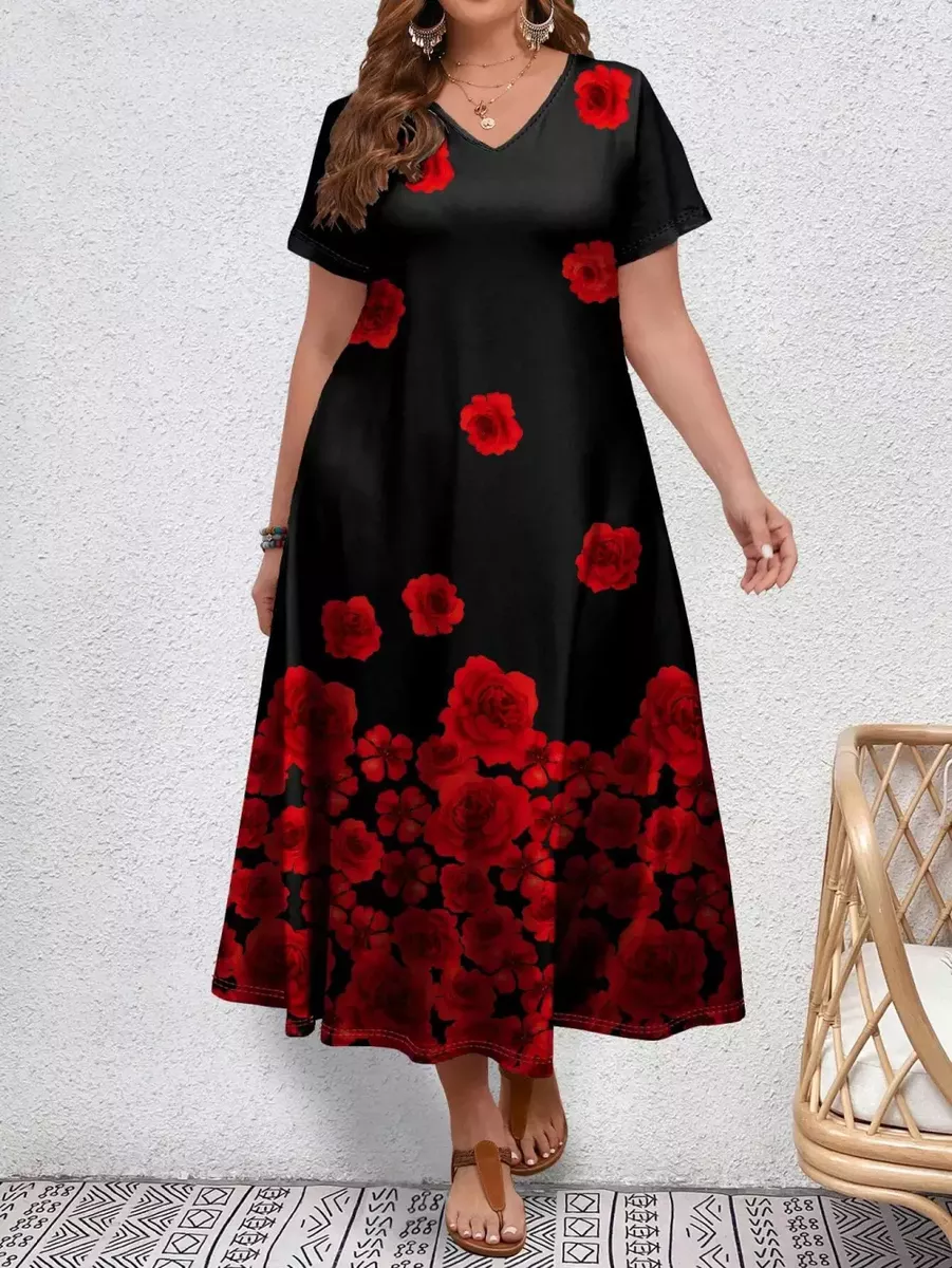 Melna garā kleita ar sarkanu ziedu apdruku, lielie izmēri i-veikalā jandase.lv