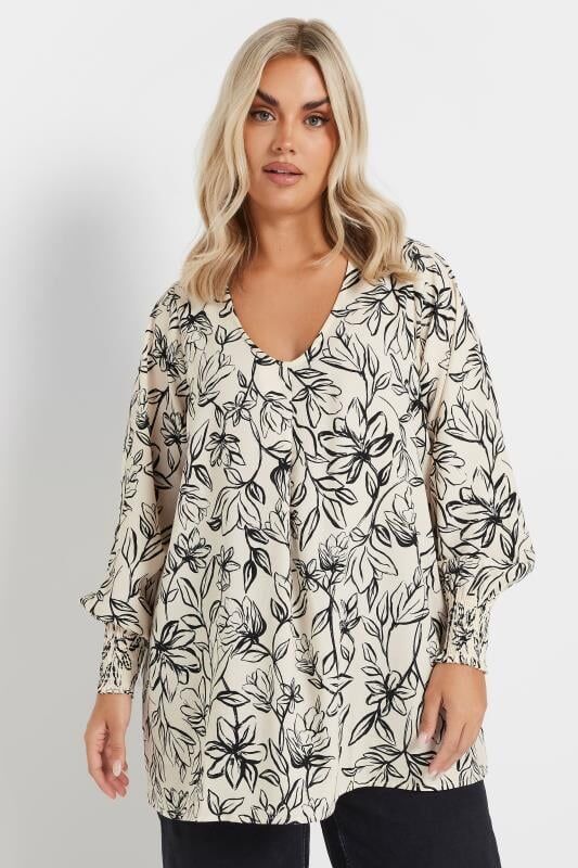 Gaiša tunika ar melnu ziedu rakstu, lielie izmēri i-veikalā jandase.lv