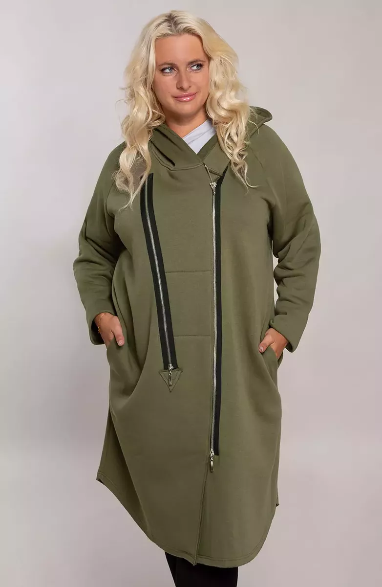 Haki krāsas mēteļeveidīga jaka ar kapuci, lielie izmēri i-veikalā jandase.lv
