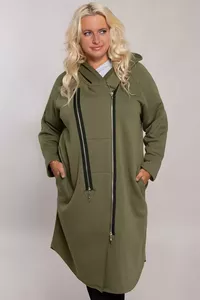 Haki krāsas mēteļeveidīga jaka ar kapuci - lielie izmēri sievietēm