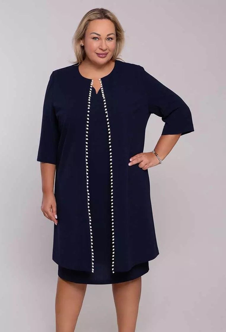 Tumši zils divdaļīgs kostīms ar pērlītēm, lielie izmēri i-veikalā jandase.lv