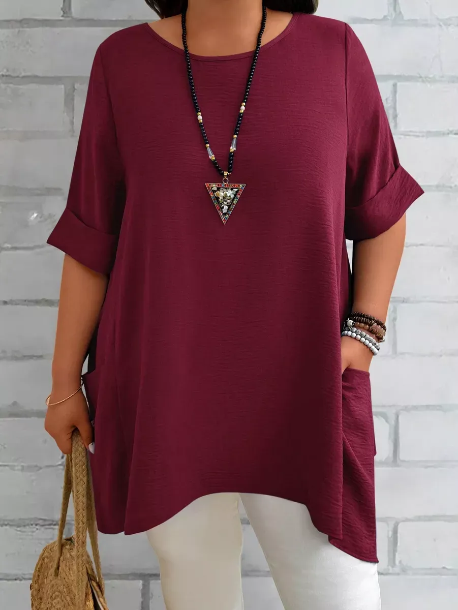 Tumši sarkana tunika ar kabatām, lielie izmēri i-veikalā jandase.lv