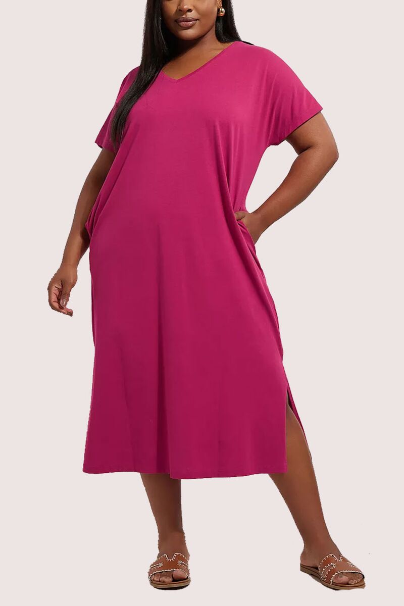 Tumši rozā kokvilnas kleita, lielie izmēri i-veikalā jandase.lv