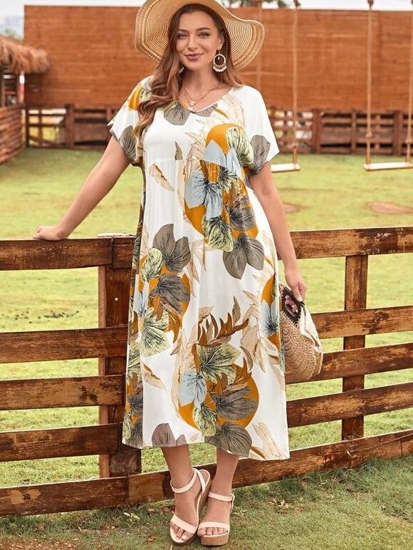 Gaiša kleita ar lapu rakstu (DZXX), lielie izmēri i-veikalā jandase.lv