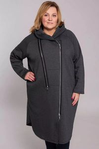 Tumši pelēka, mēteļeveidīga jaka ar kapuci - lielie izmēri sievietēm